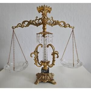 Vintage Brass Scales of Justice Decor w/ Crystal Dishes – 20” Tall